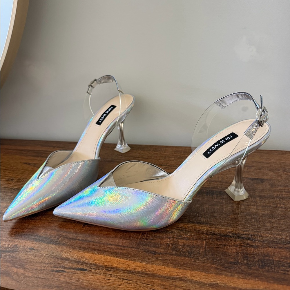 Nine West Iridescent Silver Pointed Toe Slingback Heels